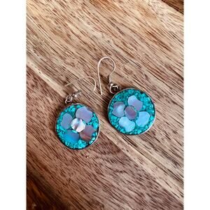 Vintage Mexican Alpaca Earrings Turquoise Abalone Inlay Round Floral Design